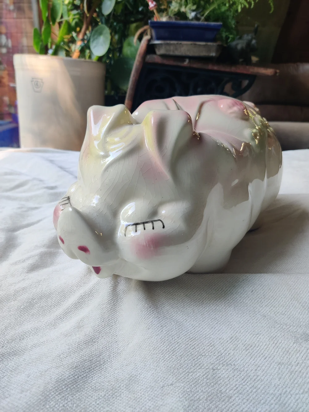 50s Large Piggy Bank Smiley Eyelashes Ribbon Lucky Shamrocks Clover Kitsch 7x13